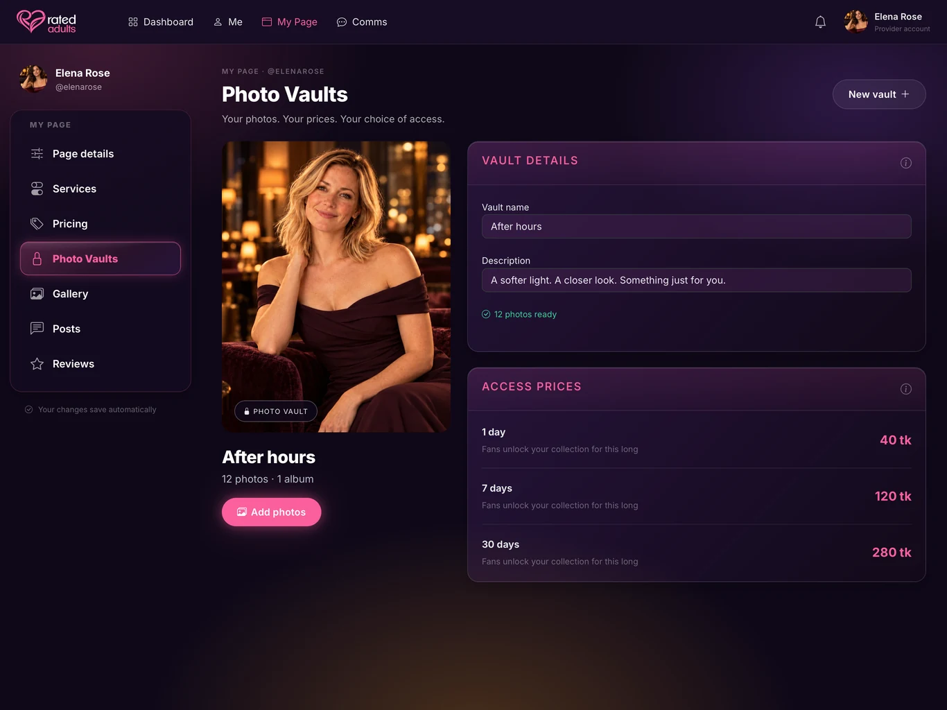 The provider’s photo vault management screen showing a fictional After hours collection