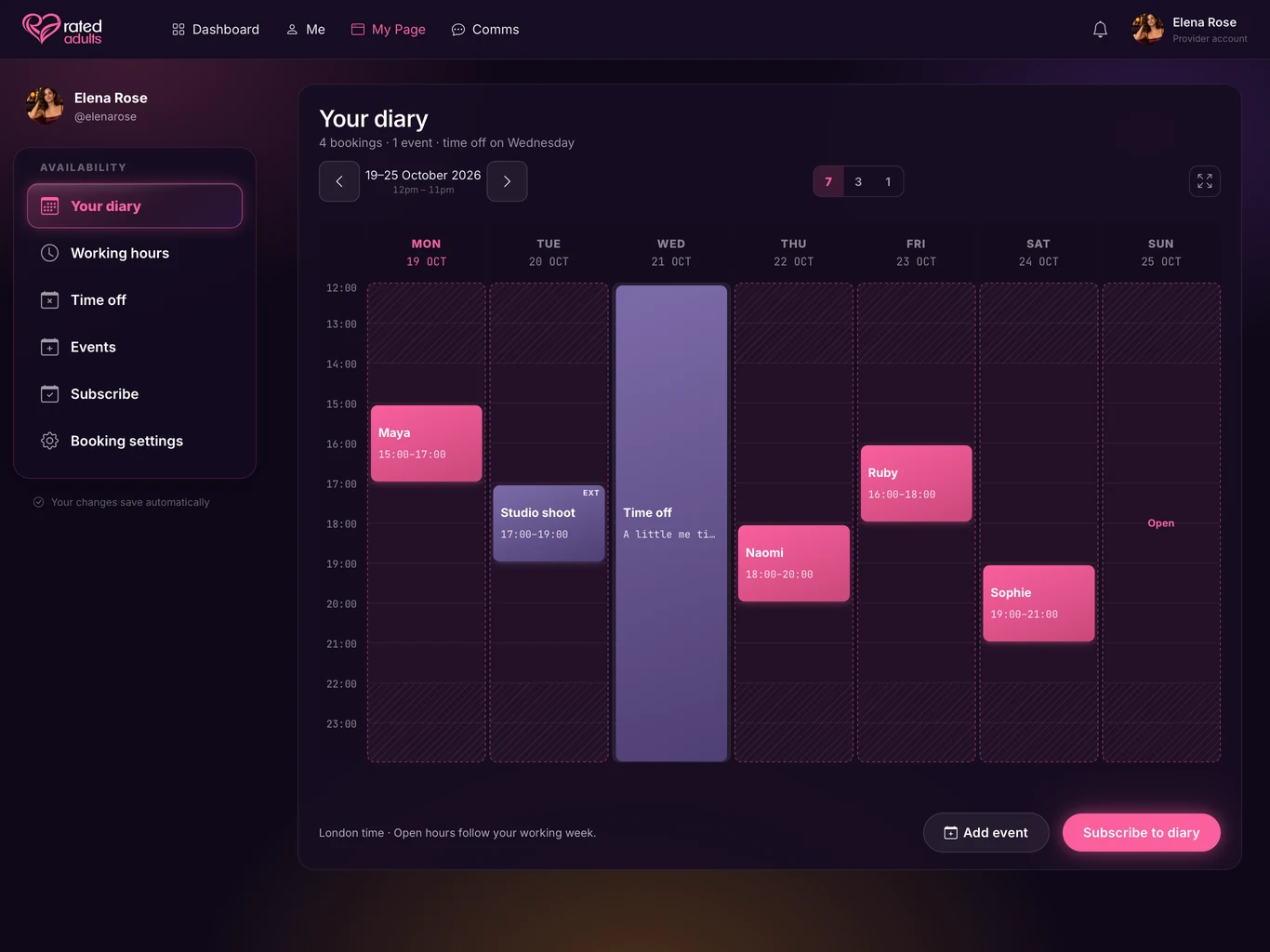The provider’s weekly availability diary showing bookings, a photo shoot and time off