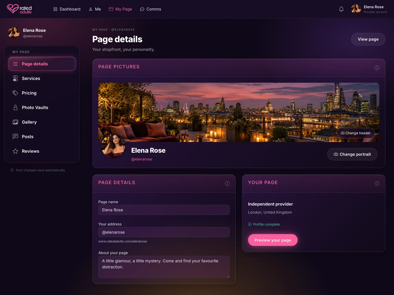 The provider Page setup view with Elena Rose’s profile, pictures and services