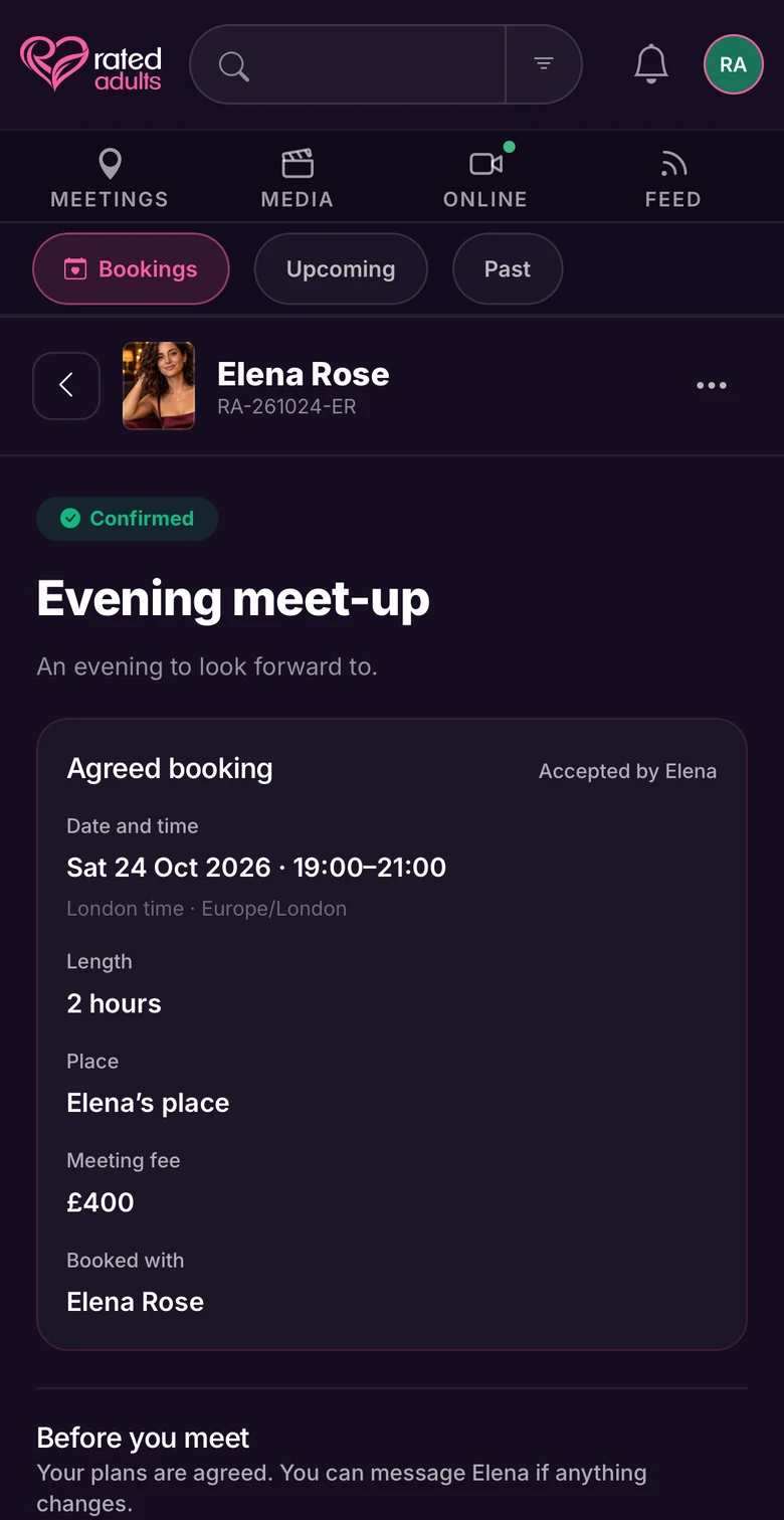 A fictional confirmed booking with Elena Rose showing its date, time, duration and agreed meeting fee