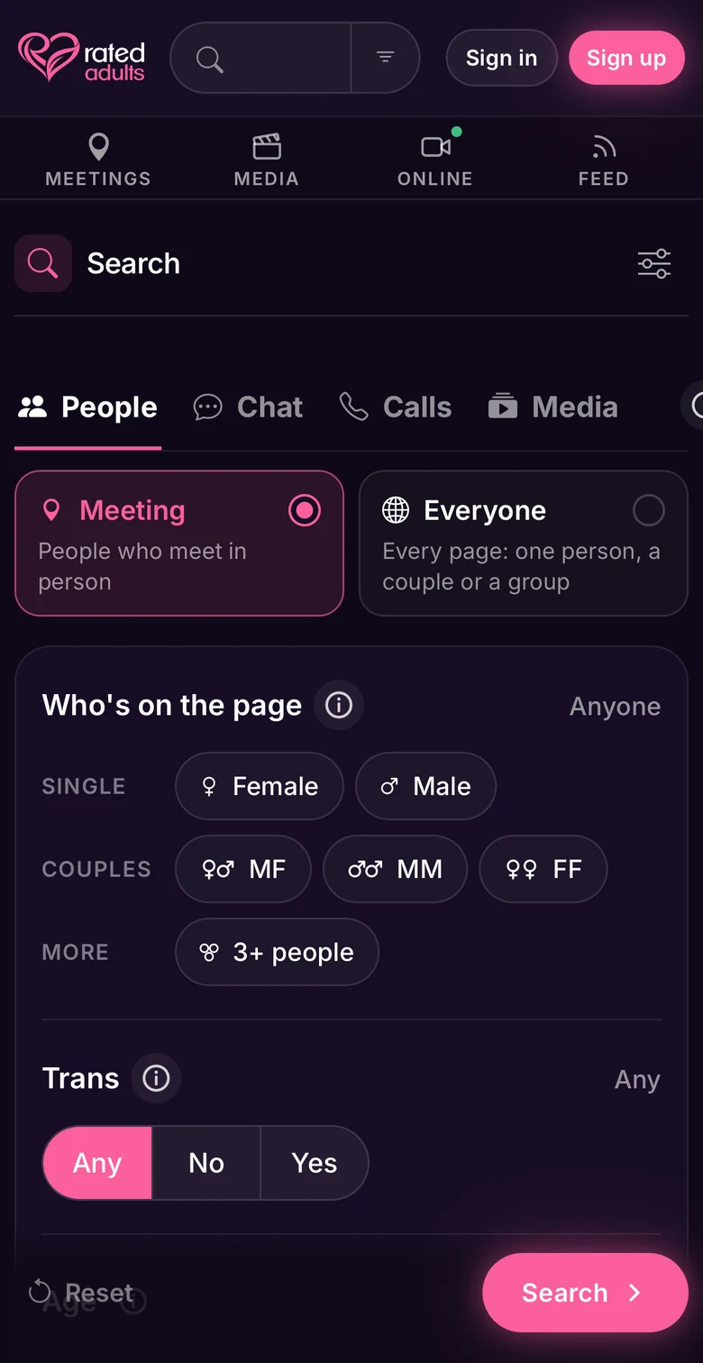 The mobile search form with Meeting and Everyone options and filters for who is on a Page